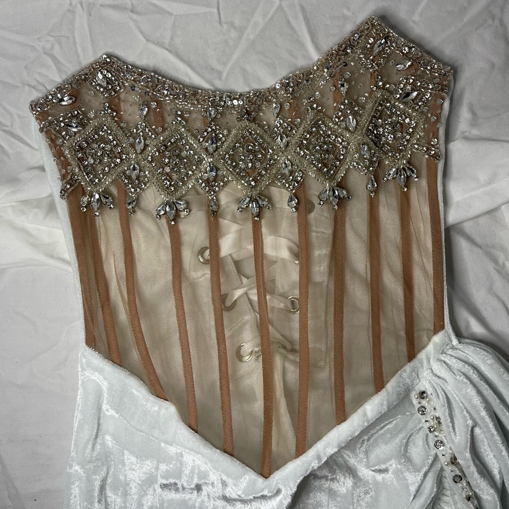 Ken White Velvet Crystal Corset Bodice Mini Dress w Side Train